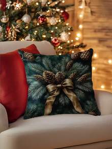 1/2/4pcs Large Square Christmas Cushion Cover - Pine Cones, Golden Bows - Dark Green Holiday Decor - Zipper Closure - Fits Living Room, Bedroom, Entryway - Seasonal Home Accent Pillow Case - Easy-Clean Fabric, Christmas Pillow Covers, Festive Room Decoration, Pinecone Pattern