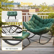 Patio Rocking Chair With Ottoman And Cushions, Patio Wicker Egg Chair For Outdoor & Indoor, Oversized Papasan Chair, Outdoor Lounge Recliner Chair For Garden, Porch, Green - 綠色 - 查看 5