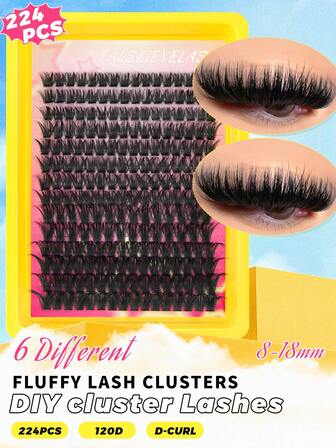 224PCS-120D DIY Self Grafting False Eyelashes, With A D-Curl Of 8-18mm And A Mixed Length, Clustered False Eyelash Set, Suitable For Beginners To DIY At Home, Perfect For Christmas, Music Festivals, Various Holiday Parties, And Daily Wear.