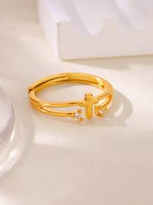 Anéis de aço inoxidável com cruz deslocada de zircônia cúbica minúscula para mulheres, anel ajustável aberto antidesbotamento banhado a ouro 18K, joias com pingente dourado para casamento, acessórios para festas e férias, presentes para ela/mãe/melhores amigas - Aço inoxidável - Ver 16