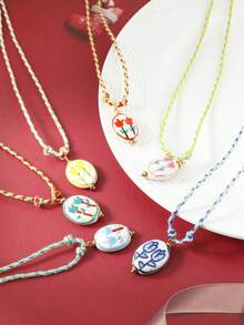 1pc Y2K Style Handmade Woven Necklace With Multicolor Ceramic Flower Pendant, Stainless Steel Chain, Adjustable Fragrance-Holding Woven Cord, Suitable For Autumn/Winter And Christmas Wear - Multicolor - View 5