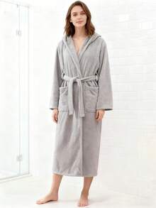 1件珊瑚绒女士长款浴袍,多种颜色可选,带帽、腰带和口袋,蓬松柔软保暖,男女通用浴巾浴袍,超柔软天鹅绒吸水保暖家居服,适合居家和酒店使用,母亲节礼物 - 柳條紋浴袍 - 查看 7