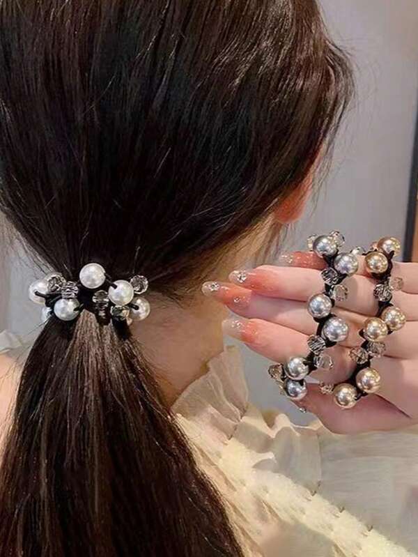 3pcs Faux Pearl & Crystal Decor Hair Ties, Elegant & Simple Hair Accessories, Fashion Hair Bands For Women ,Ponytail Holders ,Hair Elastics ,Hair Rubber Bands ,Scrunchies ,Hair Rope