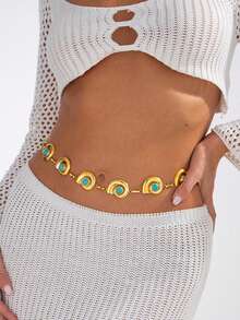 1pc Retro Fashion Personalized Micro-Inlaid Imitation Turquoise Seashell Splice Waist Chain, Summer Beach Seashell Splice Waist Chain Imitation Turquoise Personalized Body Chain Skirt Chain, Suitable For Women's Daily, Resort, Party Wear