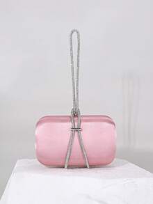 1pc Elegant Satin Box Clutch Bag, Luxury Sparkling Crystal Decor Chain, Refined Pink Formal Party Handbag, Suitable For Balls, Parties, Banquets, Birthday Gatherings, Also Can Be Used As Bridal Clutch Gift