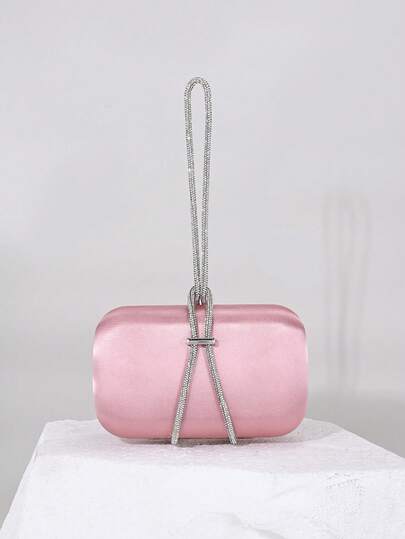 1pc Elegant Satin Box Clutch Bag, Luxury Sparkling Crystal Decor Chain, Refined Pink Formal Party Handbag, Suitable For Balls, Parties, Banquets, Birthday Gatherings, Also Can Be Used As Bridal Clutch Gift