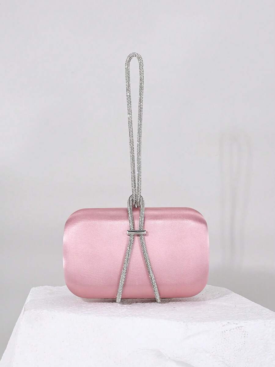 1pc Elegant Satin Box Clutch Bag, Luxury Sparkling Crystal Decor Chain, Refined Pink Formal Party Handbag, Suitable For Balls, Parties, Banquets, Birthday Gatherings, Also Can Be Used As Bridal Clutch Gift