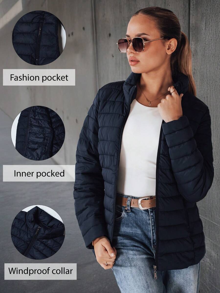 Women's Quilted Jacket, Short Hip Length, Stand Collar Design, Zip Closure - Navy Blue - View 1