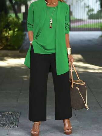 Conjunto informal de 3 piezas de unicolor para mujer, que incluye chaqueta/cárdigan de manga larga simple, blusa sin mangas de cuello redondo y pantalones rectos de cintura elástica y bajo caído, adecuado para ir a la oficina, primavera/otoño/invierno