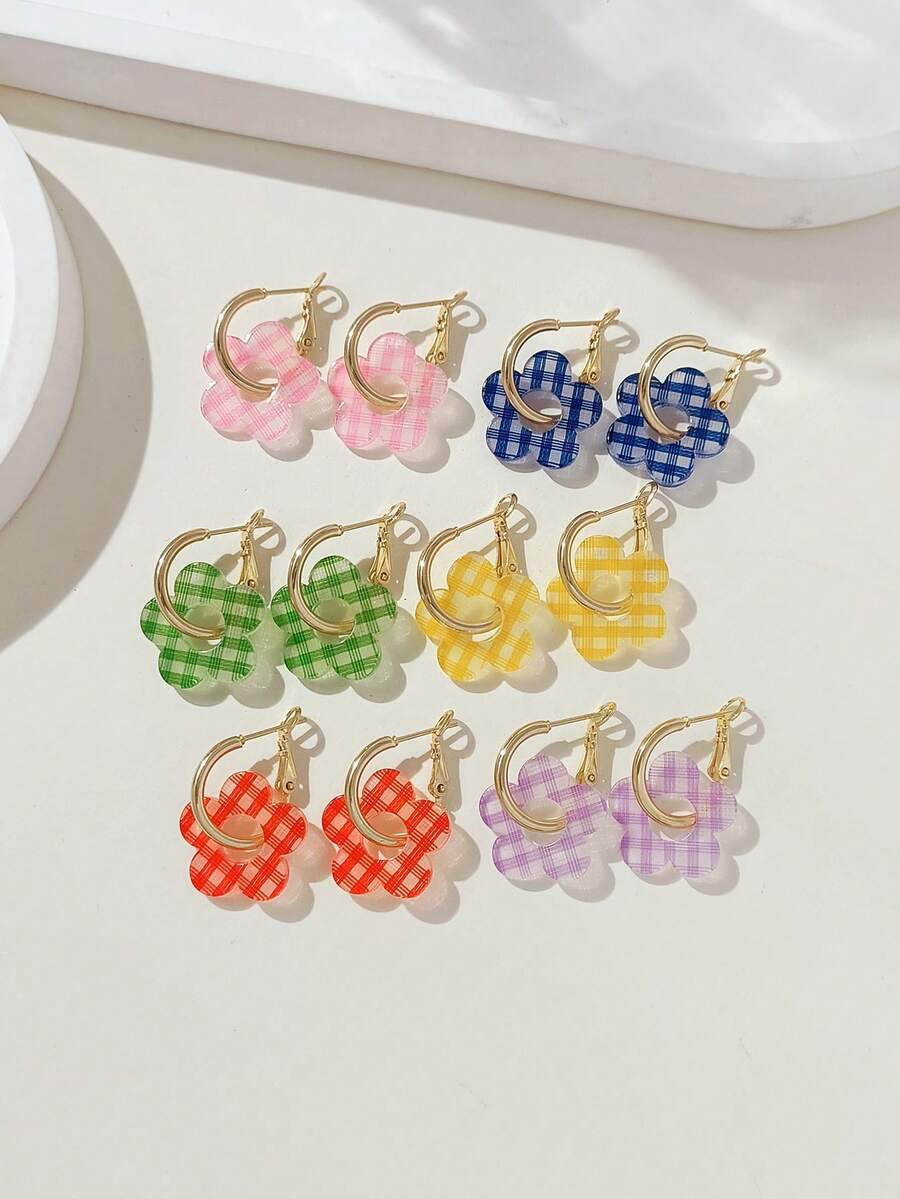 6對組時尚可愛花卉吊墜耳環,鏤空設計花朵耳環套組,適合女性約會、派對與日常穿戴 - 多色套裝L9 - 查看 1