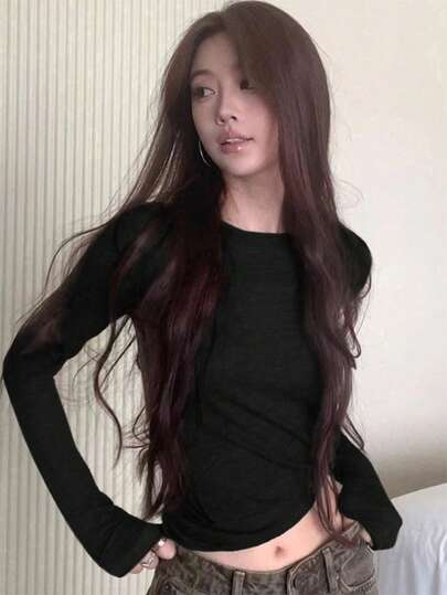 Solid Color Round Neck Slim Fit Long Sleeve Casual Women's T-Shirt Spring Autumn