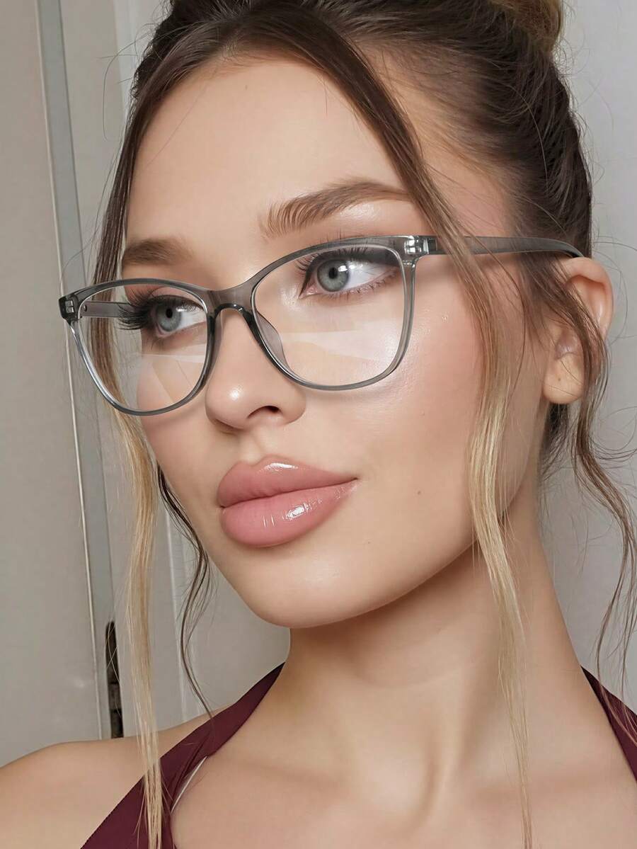 1 قطعة إطار نظارات رمادي شفاف شكل عين القطط للنساء، إطار بلاستيكي من شخصية حد أدنى، صلب اللون لمطابقة مكان العمل والمكتب، نظارات عتيقة غير موصوفة