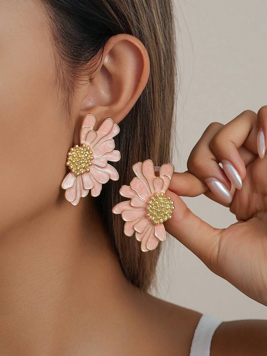 Vintage Enamel Alloy Flower Stud Earrings, Daily Wear For Women Valentines