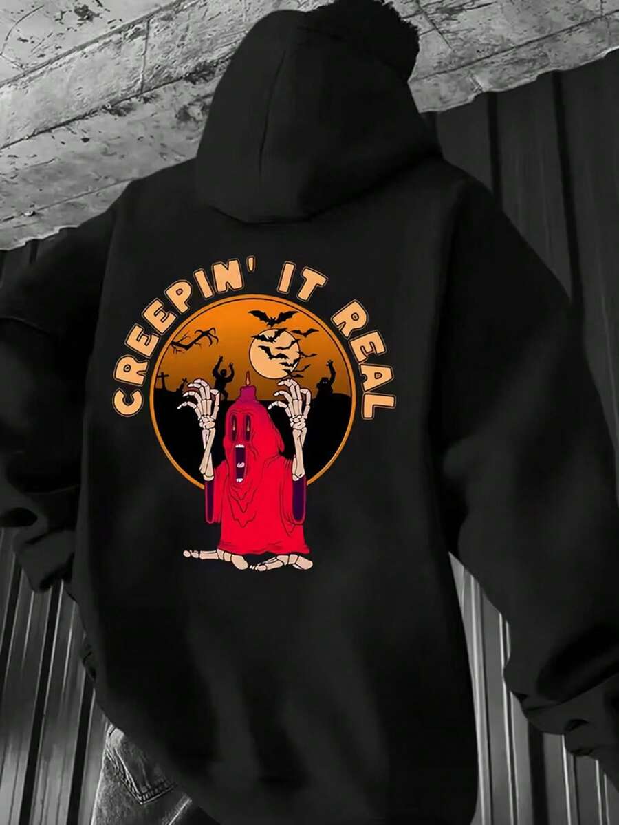 Men's Creepin' It Real Halloween Hooded Sweatshirt - Spooky & Bats Print Hoodie With Iconic Back Logo, Soft Cozy Pullover For Fall Winter, Casual Costume Party Outfit, Machine Washable (Ideal Gift For Horror Fans),Fall Hoodies,Men's Fall Clothes,Street Wear,Halloween,Mens Hoodies,Y2k Clothes,Jesus Hoodie,Thanksgiving Day,Nightmare Before Christmas,Christmas - màu đen - Xem 1