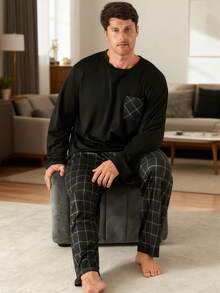 2 件男士加大码休闲宽松简约套头衫，带口袋和格子休闲裤睡衣套装，适合春季、秋季、冬季、情人节礼物