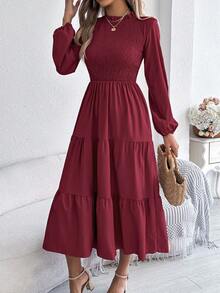 Elegant Floral Lace Trim Round Neck Lantern Sleeve Ruffle Hem Mid-Length Dress For Women, Spring/Autumn - Burgundy - View 3