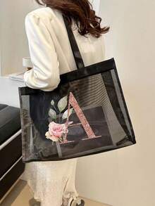 Túi Tote Dung Tích Lớn Túi Đi Biển Túi Đeo Vai Thời Trang Ngoài Trời Cho Nữ Túi Xách Túi Mua Sắm Túi Lưới Tổ Chức In Chữ Túi Đựng Đồ Di Động Đa Năng Cho Du Lịch Cắm Trại Biển - màu đen - Xem 3