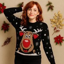 NAVIDAD Suéter Navideño Reno Lindo con Copos de Nieve para Mujer Dama Sexy Lindo Tierno para Epocas Navideñas Christmas Acogedor Uglysweater - Negro - Ver 1