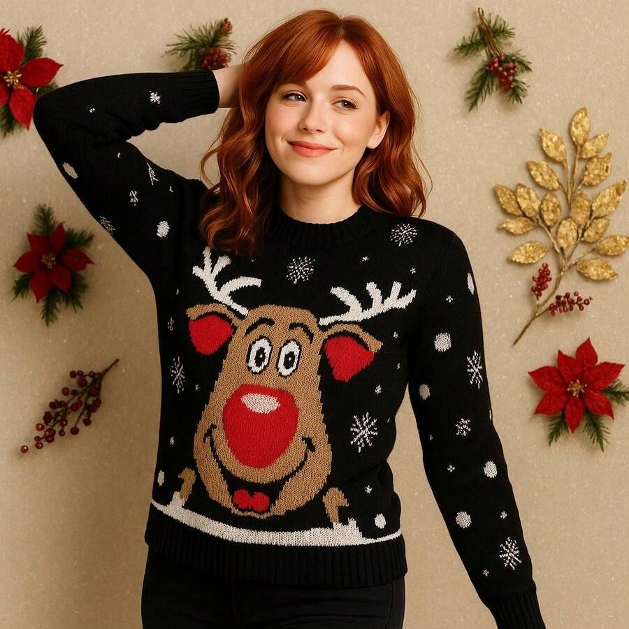NAVIDAD Suéter Navideño Reno Lindo con Copos de Nieve para Mujer Dama Sexy Lindo Tierno para Epocas Navideñas Christmas Acogedor Uglysweater - Negro - Ver 1