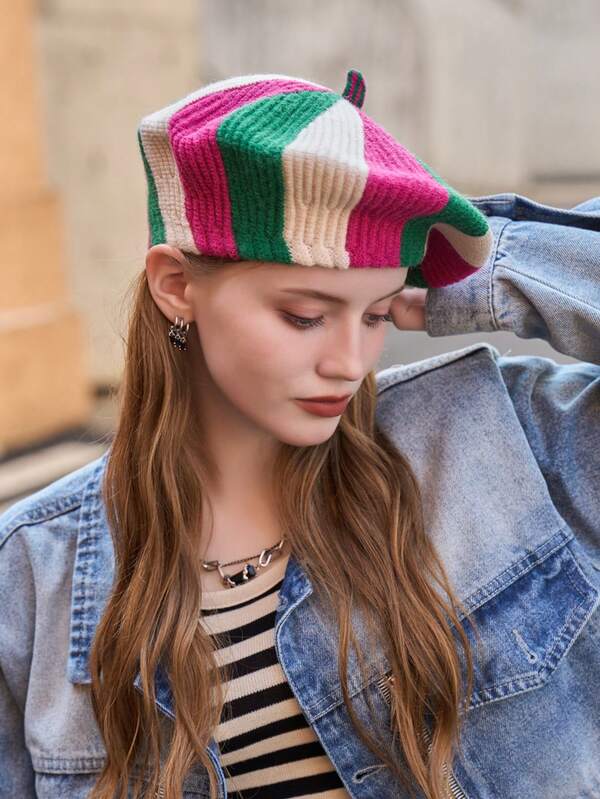 LEAJOURNO. 1 pieza Boina de mujer de estilo artístico con bloques de color para otoño/invierno, gorra de pintor de calabaza retro elegante y de moda