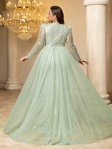 UNITHORSE Plus 女士【随机剪裁】甜心领长袖奢华闪亮珍珠亮片网纱面料礼服，适合正式场合、晚宴、婚礼、红毯活动 - 綠色 - 查看 2