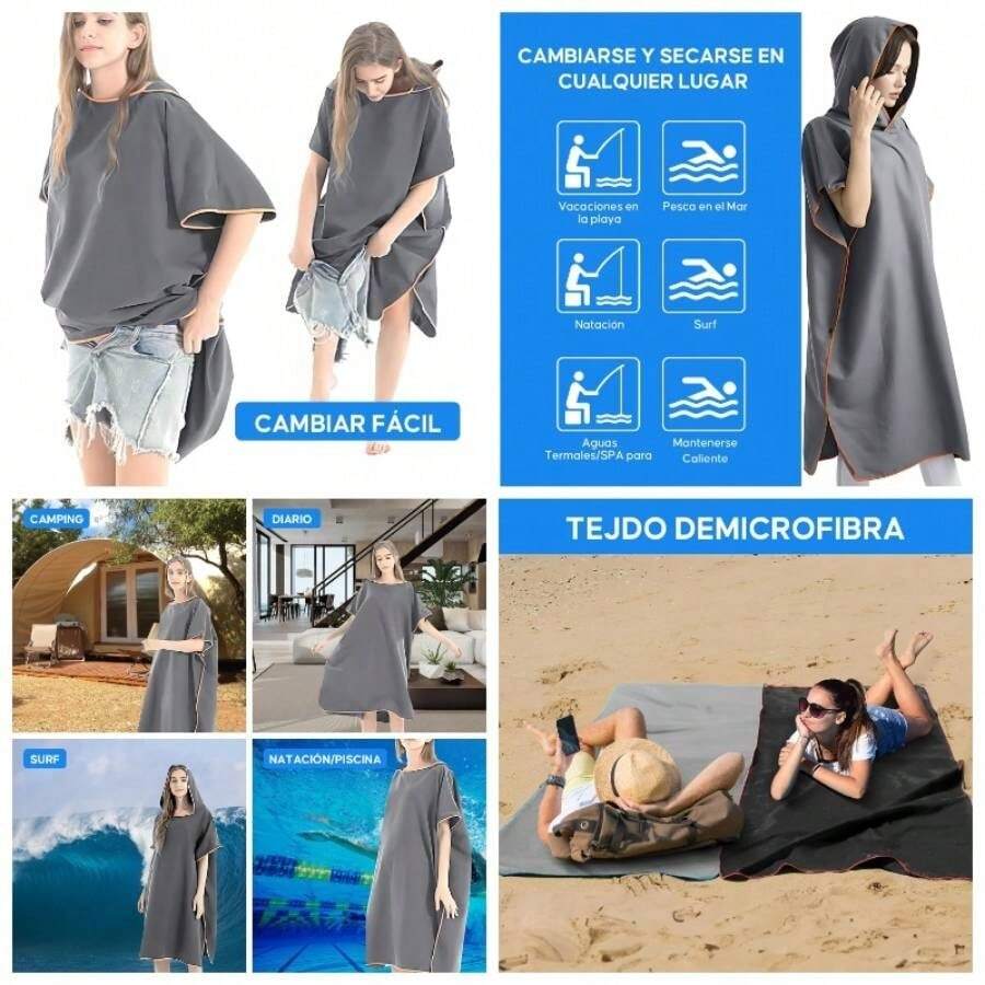 Poncho de Surf Con Capucha de Microfibra - Toalla De Playa Absorbente De 110 X 80cm, Para Cambiarse Para Mujeres y Hombres en Playa y Natacin - Gris - gris - Ver 1