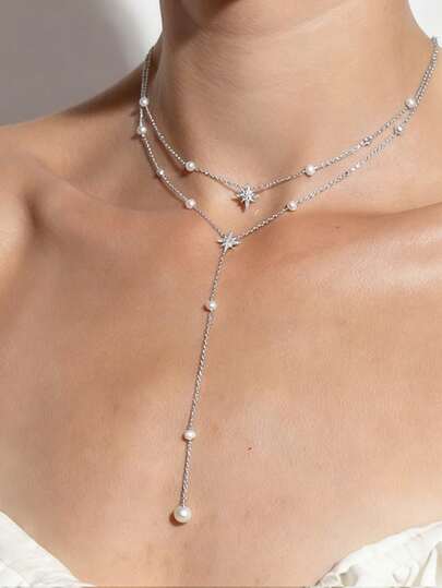 1 件夏季多层八角星水钻吊坠项链，时尚百搭女士珠宝配饰