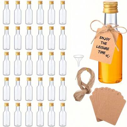 30/20/10/5 Stück Mini Spirituosen Flaschen, 50ml luftdichte Mini Alkohol Flaschen kleine Plastikflaschen mit Kappen, Mini Weinflaschen mit Trichtern, Etiketten und Seilen, Saft Schnapsgläser für Hochzeitsfeier, Plastikflasche
