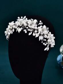 1pc Handmade Rhinestone & Pearl Bridal Headband, Silver Metal Women's Wedding Hair Accessory, Bridesmaid Gift - 銀色 - 查看 6
