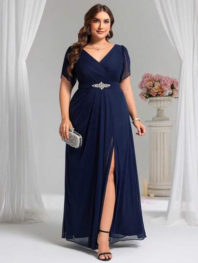 Elegant Plus Size Navy Blue Formal Gown With V Neck Chiffon Flutter Sleeves And Embellished Waist Detail Perfect For Evening Events