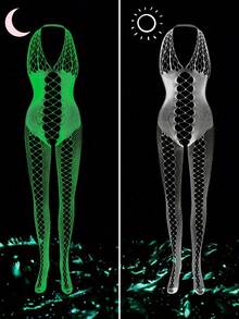 5-Piece Set Of Women's Luminous Halterneck Fishnet Bodysuits, Lingerie, Glow In The Dark Fishnet Body Stockings, Women's Sexy Lingerie Set, Luminous Costumes, Fluorescent Party Role Play Novelty Costumes, Exotic Costumes, Women's Sexy Bodysuits, Body Stockings - trắng - Xem 6