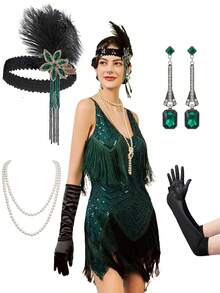 Womens 1920s Flapper Dress,V Neck Great Gatsby Fringe Cocktail Dress With 20s Accessories Set-Roaring 20s Costume - 綠色 - 查看 1