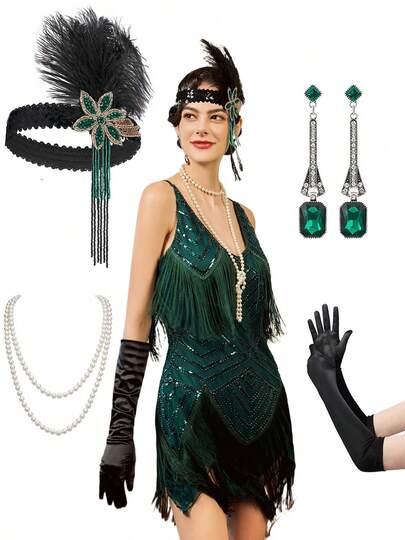 Womens 1920s Flapper Dress,V Neck Great Gatsby Fringe Cocktail Dress With 20s Accessories Set-Roaring 20s Costume