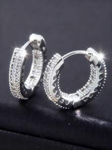 1 Pair Fashionable Round Earrings, Unisex Micro-Inlaid Sparkling Zirconia Earrings, Personalized Accessories Suitable For Party And Everyday Wear - Silver - View 16