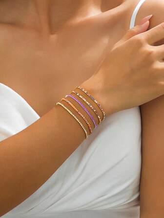 1pc Minimalist Colorful Natural Stone Beaded Bracelet & Anklet, Suitable For Women Beach Vacation Wear, Random Stone Color, Size & Quantity