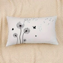 1 pieza Funda de cojín con diseño minimalista de diente de león en blanco y negro, decoración de mariposa, tela de poliéster impresa por un solo lado, adecuada para la decoración del hogar moderno