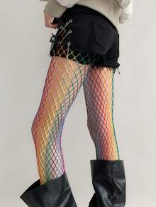 1 Pair Rainbow Fishnet Stockings, Sexy Hollow Out Pantyhose, Fashionable Women's Tights For Dates, Performances, Singles Parties, All Seasons - Multicolor - View 4