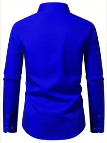 男士不对称前扣商务休闲长袖正装衬衫 - 寶藍色 - 查看 3