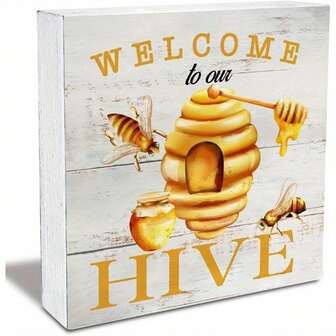 1 Welcome To Our Beehive Wood Sign Rustic Farmhouse Decor With Bee And Honeycomb Pattern, Faux Reclaimed Wood, 5x5 Inch (12.7x12.7cm) Home Kitchen Tabletop Wall Decor, Vintage Honey Design, Textured Wood Surface