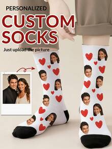 1 Pair Of Customized Face Women's Mid Length Socks Put Any Face On Socks, Personalized Socks With Photos, Suitable For Occasions Such As Valentine's Day, Birthdays, And Gift Giving. Personalized, Fun, And Colorful, Creative Cartoon Design