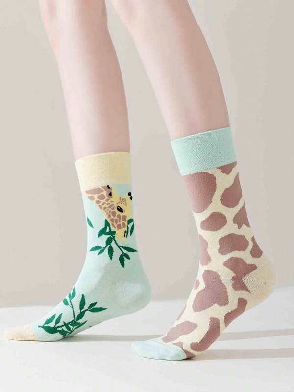 1 Coppia Di Calzini Equipaggio Donna Carini Con Motivo Giraffa Modello AB, Comodi Per Uso Quotidiano, Sport E Feste In Primavera, Estate E Autunno
