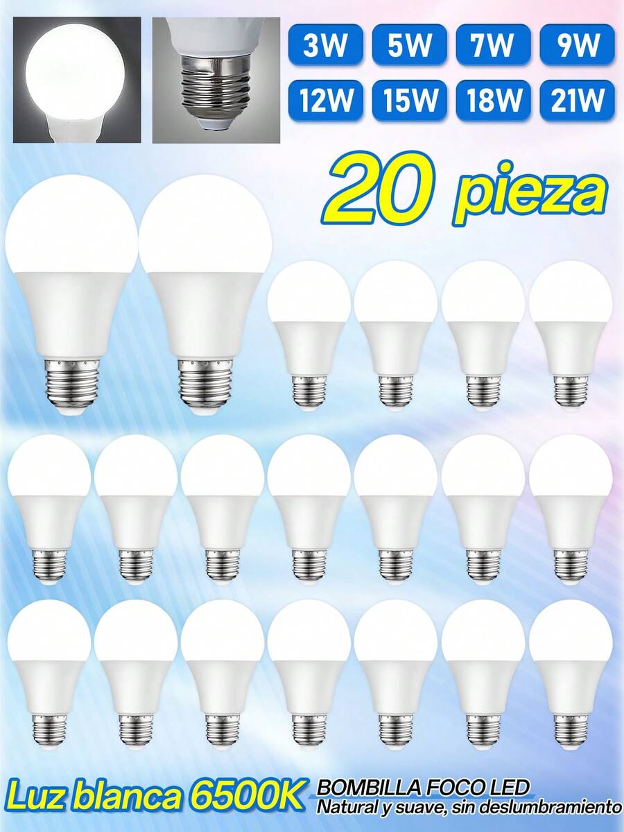 Paquete de 6/10/20/30/50 Bombillas LED, 300-2100 Lumens y 6500K-3W,5W,7W,9W,12W,15W,18W,21W con base E27y 6500K Luz blanca, luz LED de 1500 lm, equivalente a 100 W, casquillo medio E27, no regulables,Detector de Movimiento Automático para Patio, Pasillo, Cochera, Entrada - 20 - Ver 1