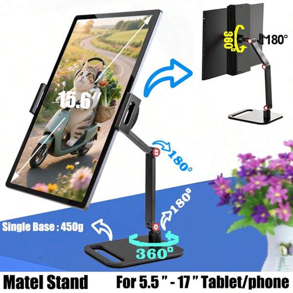 DGZEOLOO Soporte plegable giratorio de 360° de metal, adecuado para teléfonos inteligentes, tabletas, iPads, transmisión en vivo, altura ajustable, soporte de escritorio y de mesita portátil, diseño creativo