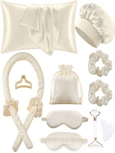 12-delige set haarstylingtools voor slapen, krultang, 1 zijden kussensloop voor haar en huid, set van zijden krultang zonder warmte, krultang voor 's nachts, 1 slaapzacht oogmasker, 1 zijden slaapmuts, essentiële set voor slapen, haaraccessoires voor vrouwen, gezichtsmassageroller voor vrouwen, haarstyling, haarverzorgingsproducten, producten voor krullend haar, haarstylingset, haargereedschapset, terug naar school, essentiële reisbenodigdheden voor vakantie, douchehanddoeken voor schoonheidssalons, hotelsporten, essentiële huishoudelijke artikelen, handdoek, huidverzorging