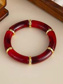 1 pieza Brazalete de resina con teñido anudado rojo vintage de moda y capas, brazalete elástico con tubo curvo de CCB, brazalete de resina con cuentas de teñido anudado rojo de Angola exagerado y de alta gama, adecuado para uso diario, fiestas y vacaciones de mujeres
