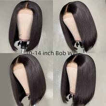 戴上即走无胶鲍勃假发，人发混合，预拔预剪，4x4 5x5 13*4 13x6 蕾丝闭合假发，适合，8-14 英寸蕾丝前假发，适合初学者短鲍勃，耐高温纤维合成混合假发 - 自然色&黑色系 - 查看 9