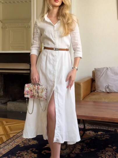 Women's Elegant Shirt Collar Long Sleeve Dress, Suitable For Everyday Wear In Autumn/Winter, Halloween, Ramadan Spring