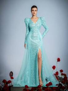 Faeriesty Vestido elegante de manga larga con cuello en V para damas, diseño con abertura alta y cautivadora cola de pez | Perfecto para galas formales, alfombra roja, bodas de lujo, bailes benéficos, eventos corporativos de alta gama - Azul - Ver 4