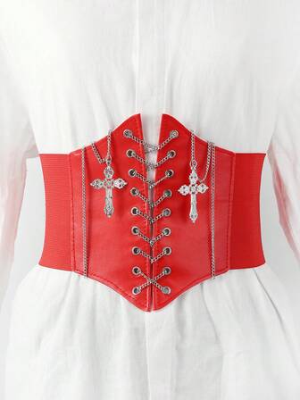 1pc Black Elastic Bondage Cross Chain Waist Belt, Versatile Millennium Sexy Style Valentine's Day Costume