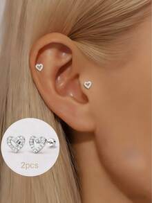 2 件/6 件心形耳钉，5A 金色锆石花朵耳钉，螺丝后鼻骨耳钉，精致珠宝礼物，适合女性 - 心形1# - 查看 4